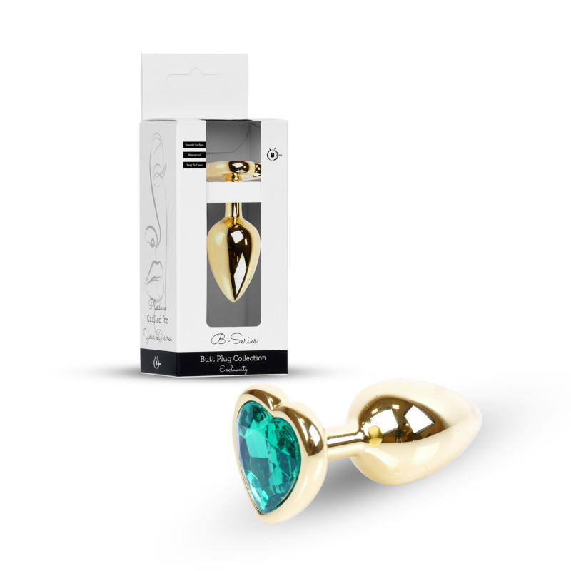 Анальная пробка B - Series HeavyFun Heart Jewellery Gold Plug, диаметр 2,7 см, длина 7 см, Green