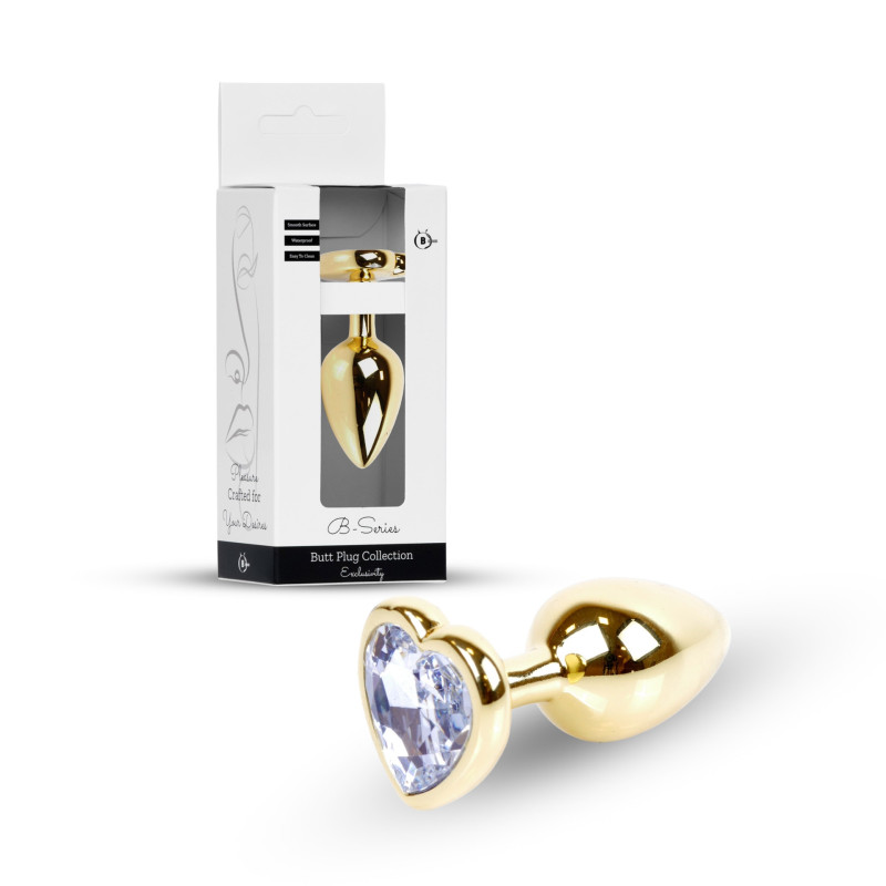 Анальная пробка B - Series HeavyFun Heart Jewellery Gold Plug, диаметр 2,7 см, длина 7 см, Clear
