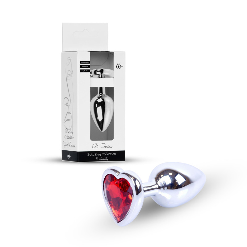 Анальная пробка B – Series HeavyFun Heart Jewellery Silver Plug, диаметр 2,7 см, длина 7 см, Red