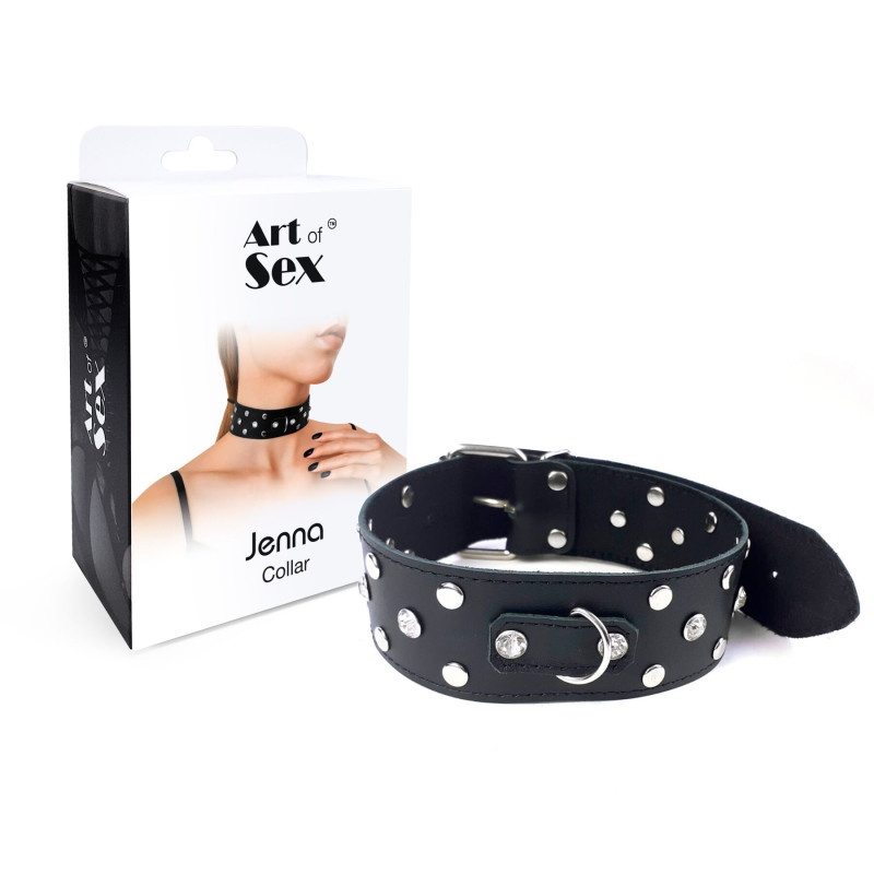 Ошейник из натуральной кожи с заклепками и стразами Art of Sex - Jenna Collar, Черный Ошейник из натуральной кожи с заклепками и стразами Art of Sex - Jenna Collar, Черный