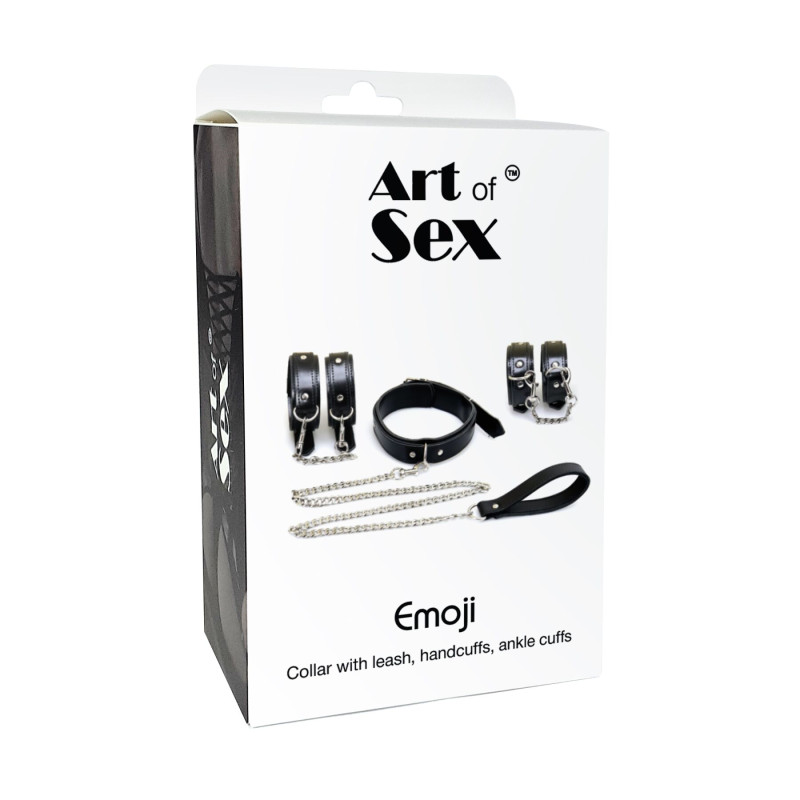 Набор BDSM Art of Sex - Emoji, наручники, поножи, ошейник с поводком, экокожа, черный Набор BDSM Art of Sex - Emoji, наручники, поножи, ошейник с поводком, экокожа, черный