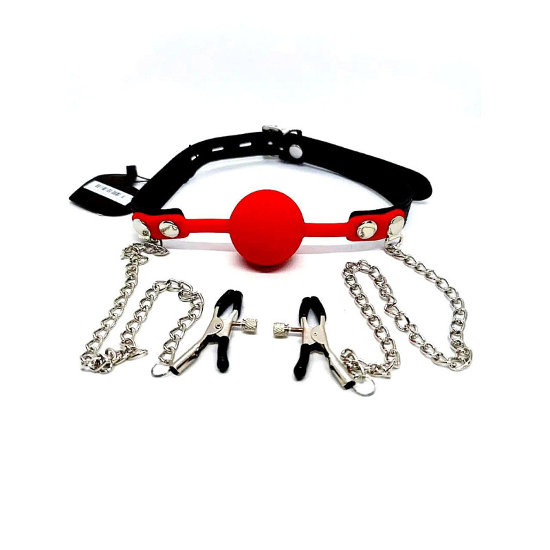 Кляп с зажимами на соски DS Fetish Locking gag with nipple clamps black/red Кляп с зажимами на соски DS Fetish Locking gag with nipple clamps black/red