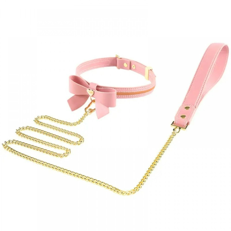 Ошейник с бантиком и поводком Lockink Sevanda, кожа и металл, розовый Ошейник с бантиком и поводком Lockink Sevanda, кожа и металл, розовый