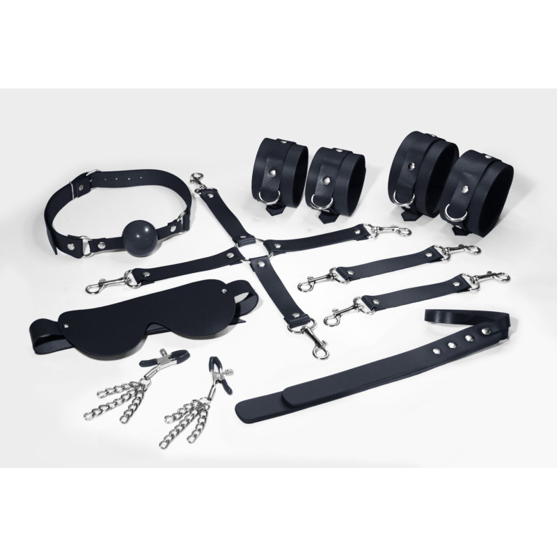 Набор Feral Feelings BDSM Kit 7 Black, наручники, поножи, коннектор, маска, паддл, кляп, зажимы Набор Feral Feelings BDSM Kit 7 Black, наручники, поножи, коннектор, маска, паддл, кляп, зажимы