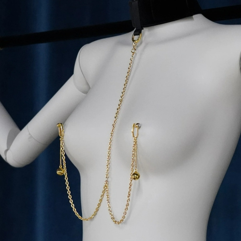 Розпірка для зап'ясток або щиколоток з нашийником і затискачами на соски з дзвіночками UPKO Чорна Розпірка для зап'ясток або щиколоток з нашийником і затискачами на соски з дзвіночками UPKO Чорна