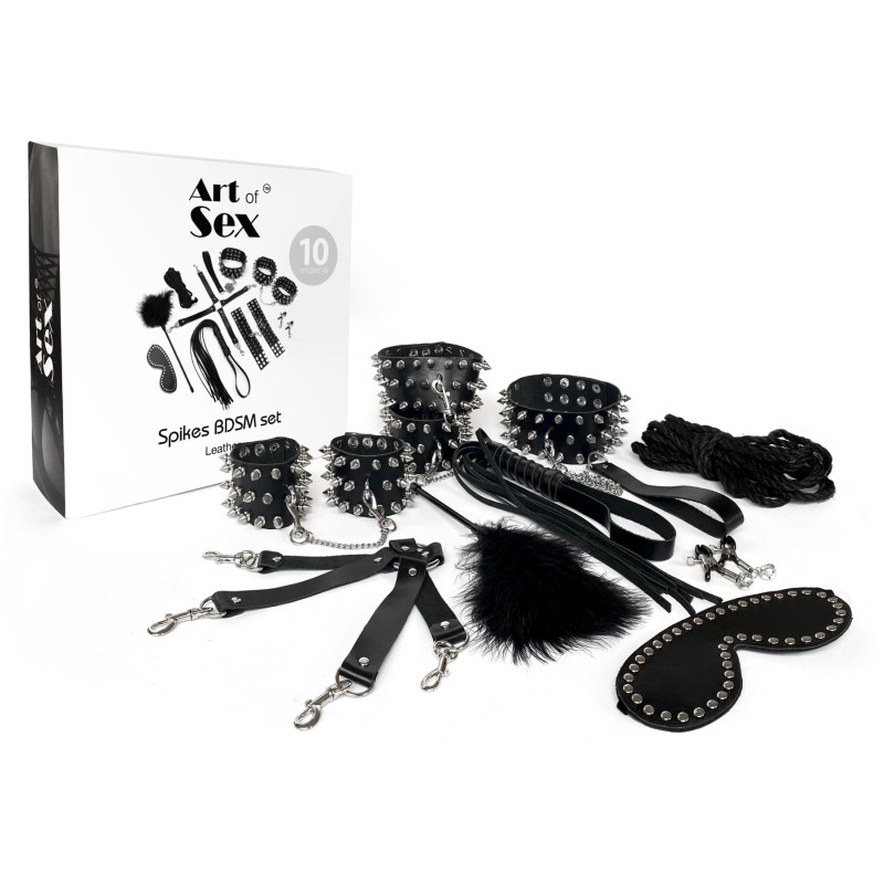 BDSM-набор Art of Sex – Spikes BDSM Set Leather, 10 предметов, черный, натуральная кожа BDSM-набор Art of Sex – Spikes BDSM Set Leather, 10 предметов, черный, натуральная кожа