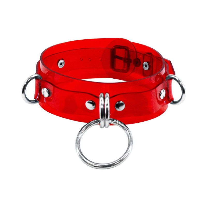 Ошейник для фиксации Feral Feelings - D-Rings Red Trasparent Ошейник для фиксации Feral Feelings - D-Rings Red Trasparent