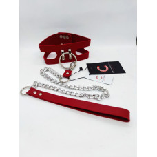 Нашийник з повідком та наручниками DS Fetish Fet 25, ручна робота, Червоний