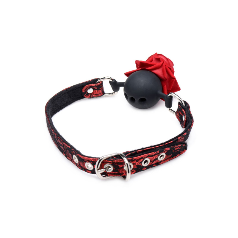 Кляп з трояндою Master Series: Eye-Catching Ball Gag With Rose, чорно-червоний Кляп з трояндою Master Series: Eye-Catching Ball Gag With Rose, чорно-червоний