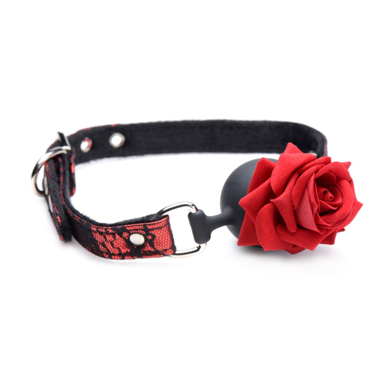 Кляп з трояндою Master Series: Eye-Catching Ball Gag With Rose, чорно-червоний Кляп з трояндою Master Series: Eye-Catching Ball Gag With Rose, чорно-червоний
