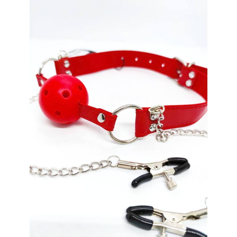 Кляп DS Fetish Ball gag with nipple clamps red Кляп DS Fetish Ball gag with nipple clamps red