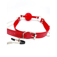 Кляп DS Fetish Ball gag with nipple clamps red