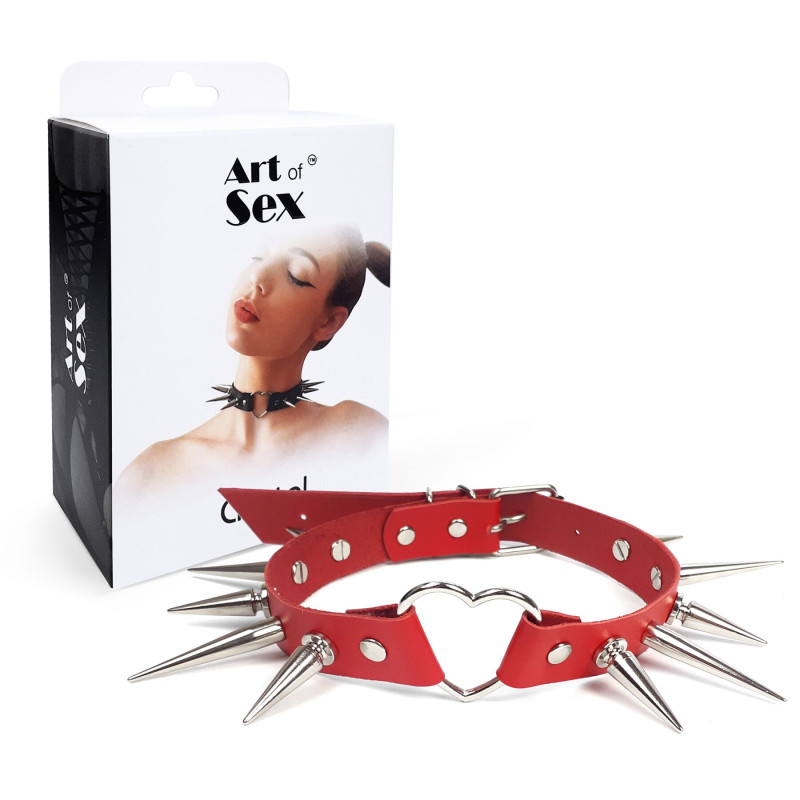 Чокер сердце с большими шипами, из натуральной кожи Art of Sex - Crystal, цвет Красный Чокер сердце с большими шипами, из натуральной кожи Art of Sex - Crystal, цвет Красный