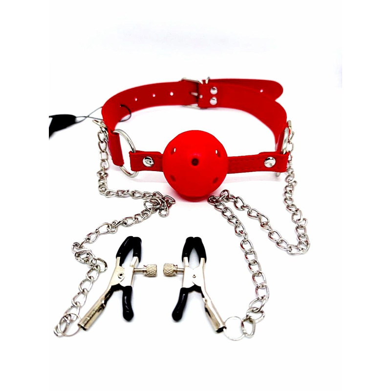 Кляп DS Fetish Ball gag with nipple clamps red Кляп DS Fetish Ball gag with nipple clamps red
