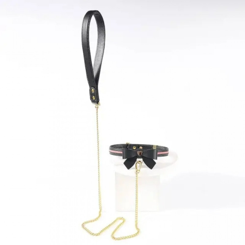 Ошейник с бантиком и поводком Lockink Sevanda, кожа и металл, черный Ошейник с бантиком и поводком Lockink Sevanda, кожа и металл, черный