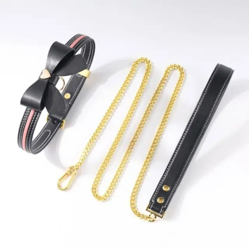 Ошейник с бантиком и поводком Lockink Sevanda, кожа и металл, черный Ошейник с бантиком и поводком Lockink Sevanda, кожа и металл, черный