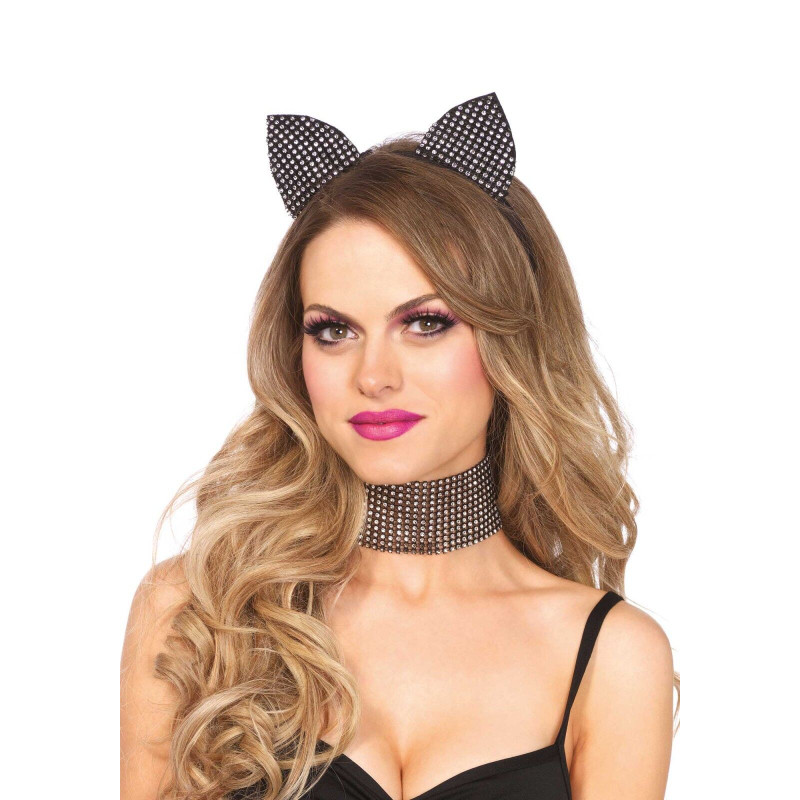 Набор кошечки со стразами Leg Avenue Cat ear headband & choker set, широкий чокер и ушки Набор кошечки со стразами Leg Avenue Cat ear headband & choker set, широкий чокер и ушки