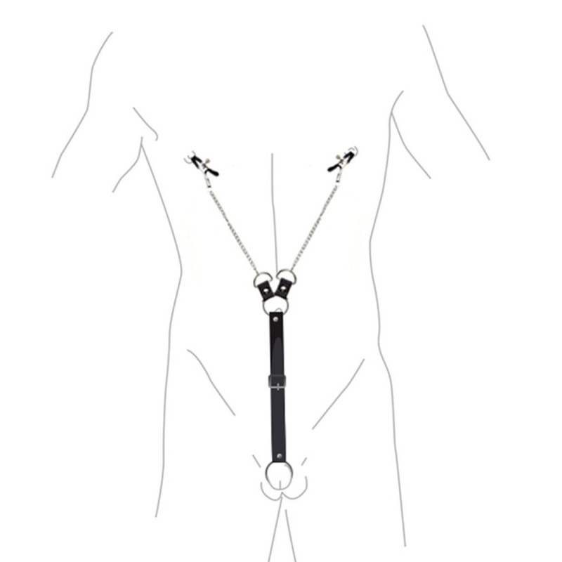 Зажимы для сосков с фиксацией на мошонке Art of Sex Nipple Clamps for Men, Эко кожа Зажимы для сосков с фиксацией на мошонке Art of Sex Nipple Clamps for Men, Эко кожа