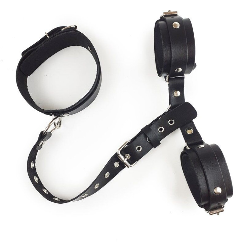 Фиксаторы для шеи и рук Art of Sex Bondage Set из натуральной кожи Черные Фиксаторы для шеи и рук Art of Sex Bondage Set из натуральной кожи Черные