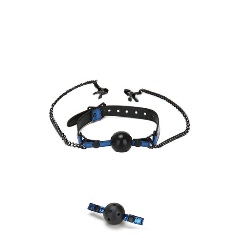 Кляп с зажимами для сосков Whipsmart Diamond Голубой