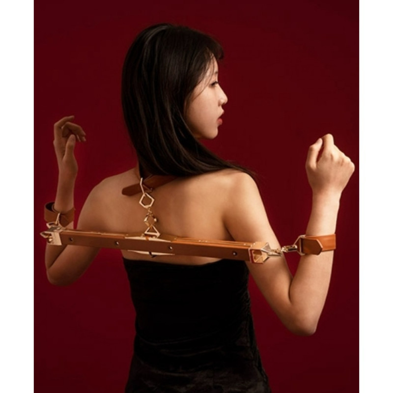 Розпірка для бондажу з поножами та нашийником Lockink, натуральна шкіра та метал, коричнева, 55-100 Розпірка для бондажу з поножами та нашийником Lockink, натуральна шкіра та метал, коричнева, 55-100