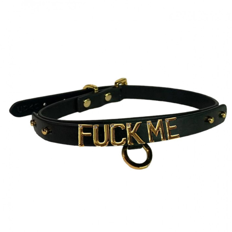 Чокер UPKO з написом FUCK ME з італійської шкіри, чорний із золотою фурнітурою Чокер UPKO з написом FUCK ME з італійської шкіри, чорний із золотою фурнітурою