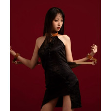 Розпірка для бондажу з поножами та нашийником Lockink, натуральна шкіра та метал, коричнева, 55-100