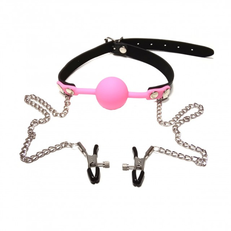 Кляп с зажимами на соски DS Fetish Locking gag with nipple clamps black/pink Кляп с зажимами на соски DS Fetish Locking gag with nipple clamps black/pink