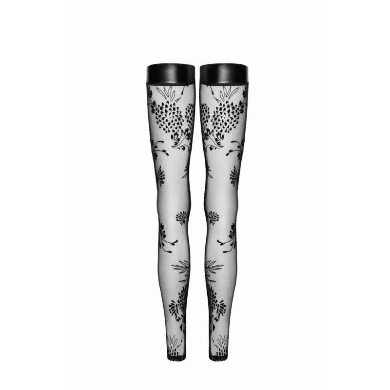 Панчохи без миска Noir Handmade F243 Tulle stockings with patterned flock embroidery, L Панчохи без миска Noir Handmade F243 Tulle stockings with patterned flock embroidery, L