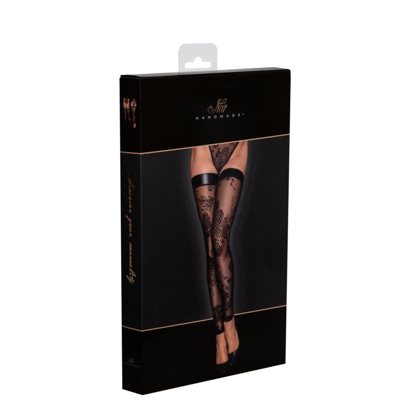 Панчохи без миска Noir Handmade F243 Tulle stockings with patterned flock embroidery, L Панчохи без миска Noir Handmade F243 Tulle stockings with patterned flock embroidery, L