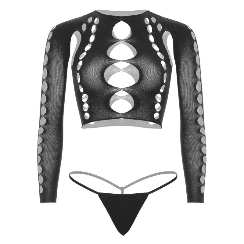 Комплект безшовної білизни Leg Avenue Long sleeve crop top & string Black, One Size, топ, стрінги Комплект безшовної білизни Leg Avenue Long sleeve crop top & string Black, One Size, топ, стрінги