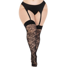 Чулки Leg Avenue Wild rose net thigh highs, 1X/2X, черные, широкая резинка, рисунок-розы