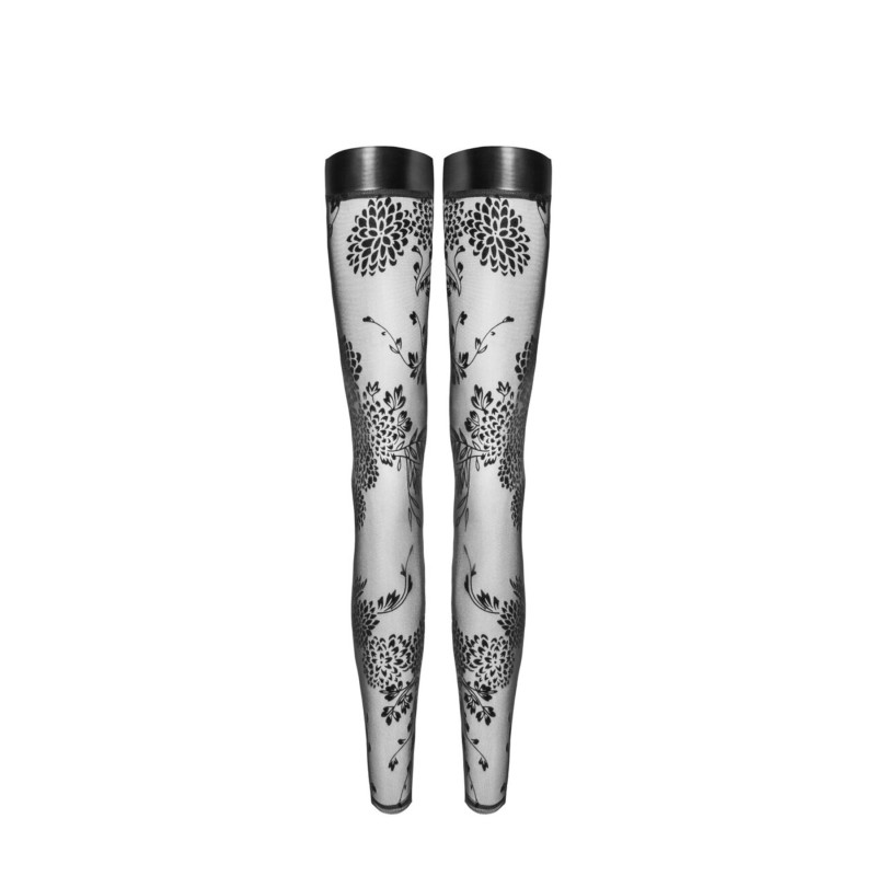 Панчохи без миска Noir Handmade F243 Tulle stockings with patterned flock embroidery, L Панчохи без миска Noir Handmade F243 Tulle stockings with patterned flock embroidery, L