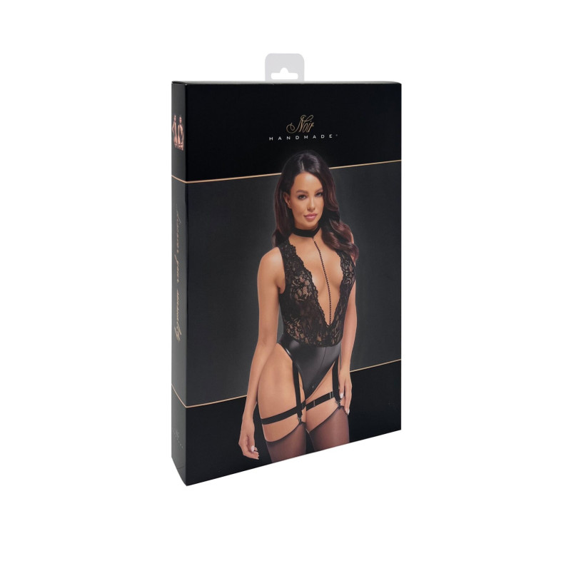 Боді Noir Handmade F297 Libido, M, чорне, мереживо, низ під латекс, відкритий доступ, гартери Боді Noir Handmade F297 Libido, M, чорне, мереживо, низ під латекс, відкритий доступ, гартери