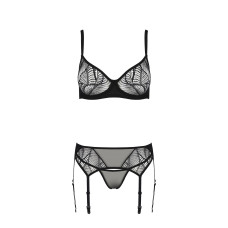Комплект Passion LEAFA SET black, XXL/XXXL, мереживо+сітка, бюстгальтер на кісточках, стрінги, пояс для панчіх