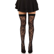 Чулки Leg Avenue Wild rose net thigh highs, One Size, черные, широкая резинка, рисунок-розы