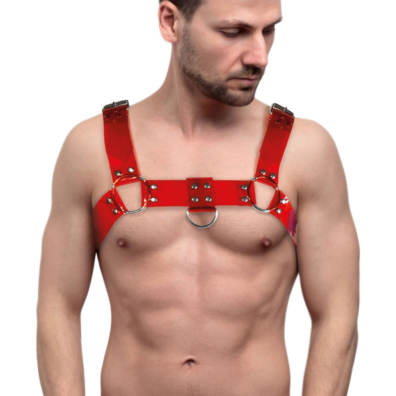 Мужская портупея на грудь Feral Feelings - Bulldog Harness Red Trasparent Мужская портупея на грудь Feral Feelings - Bulldog Harness Red Trasparent