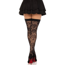 Чулки Leg Avenue Wild rose net thigh highs, One Size, черные, широкая резинка, рисунок-розы