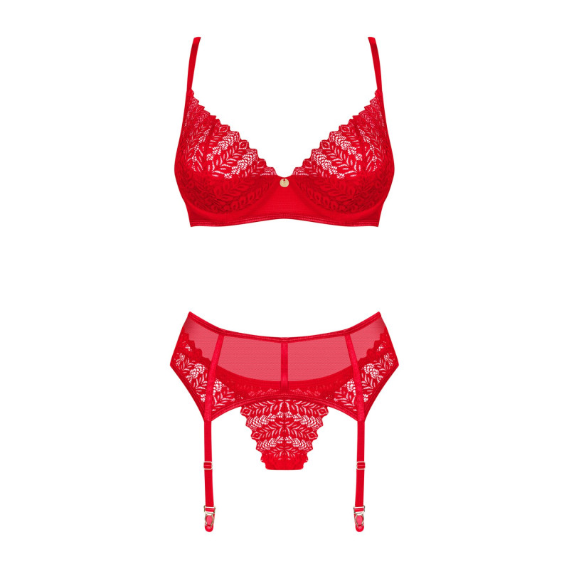 Комплект Obsessive Ingridia 3-pcs set XS/S, червоний, бюстгальтер, стрінги, пояс Комплект Obsessive Ingridia 3-pcs set XS/S, червоний, бюстгальтер, стрінги, пояс