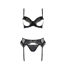 Комплект Passion KERRIA SET WITH OPEN BRA black, XXL/XXXL, бюстгальтер з відкритою чашкою, стрінги, пояс для панчіх