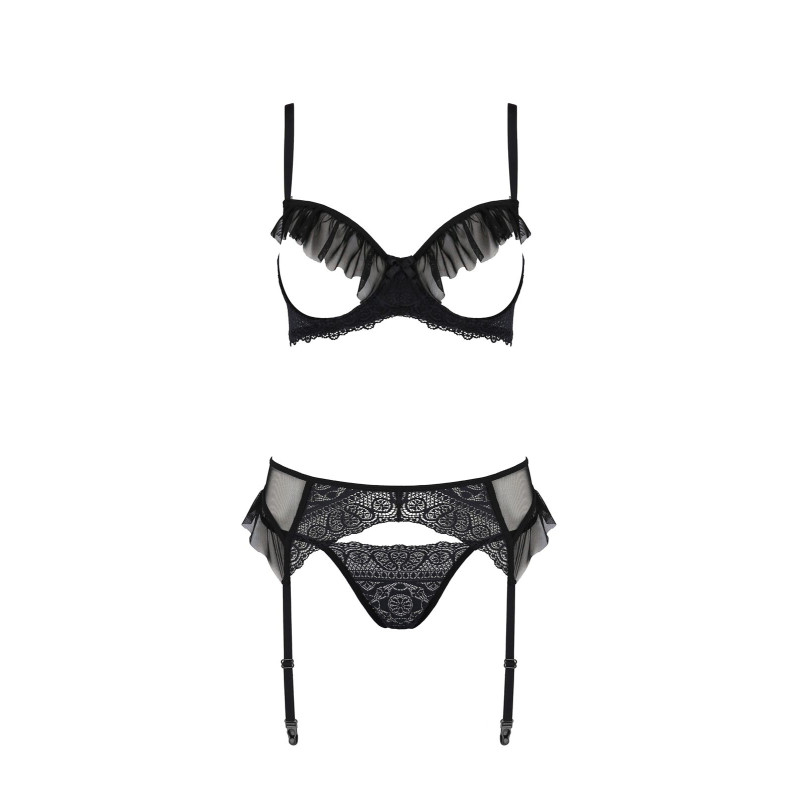 Комплект Passion KERRIA SET WITH OPEN BRA black, XXL/XXXL, бюстгальтер з відкритою чашкою, стрінги, пояс для панчіх Комплект Passion KERRIA SET WITH OPEN BRA black, XXL/XXXL, бюстгальтер з відкритою чашкою, стрінги, пояс для панчіх