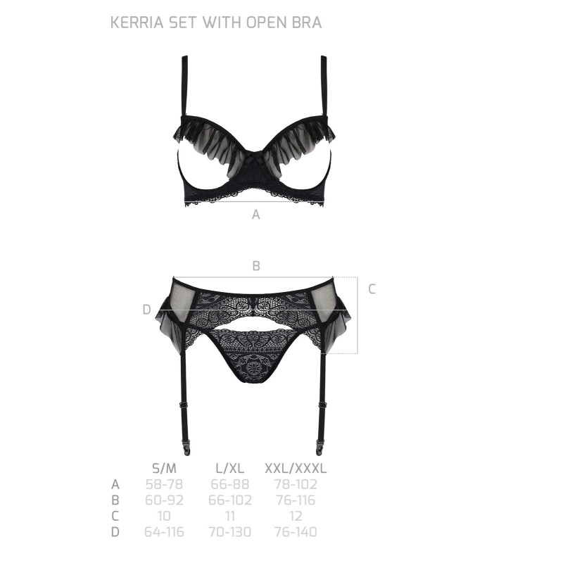 Комплект Passion KERRIA SET WITH OPEN BRA black, XXL/XXXL, бюстгальтер з відкритою чашкою, стрінги, пояс для панчіх Комплект Passion KERRIA SET WITH OPEN BRA black, XXL/XXXL, бюстгальтер з відкритою чашкою, стрінги, пояс для панчіх