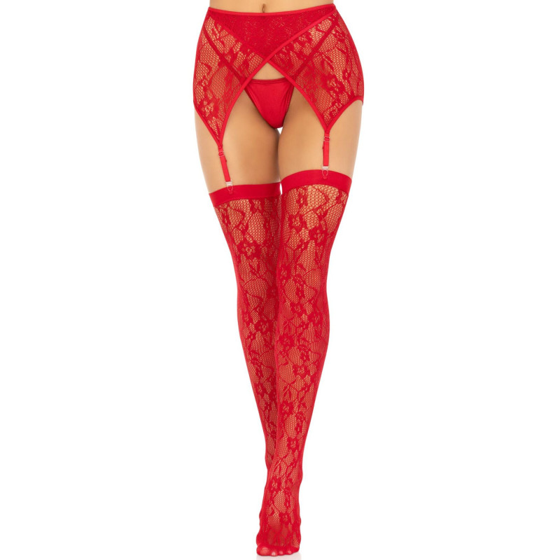 Чулки Leg Avenue Leg Avenue Lace thigh highs & garterbelt Red One Size Чулки Leg Avenue Leg Avenue Lace thigh highs & garterbelt Red One Size
