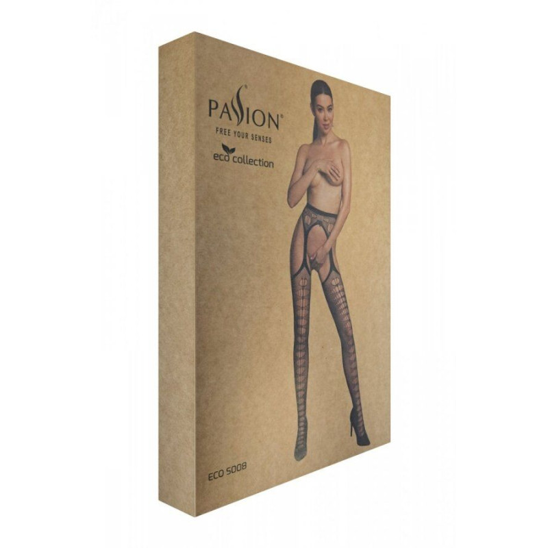 Эротические колготки-бодистокинг Passion ECO S008 black, с имитацией чулок и пояса