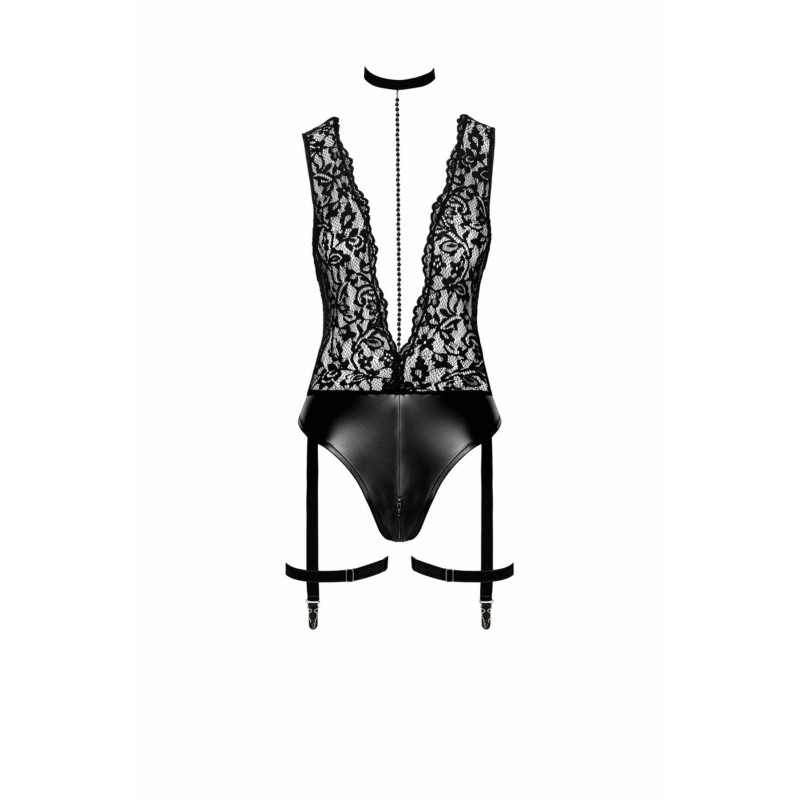 Боді Noir Handmade F297 Libido, XXL, чорне, мереживо, низ під латекс, відкритий доступ, гартери Боді Noir Handmade F297 Libido, XXL, чорне, мереживо, низ під латекс, відкритий доступ, гартери