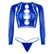 Комплект Leg Avenue Long sleeve crop top & string Royal Blue One Size, топ, стрінги