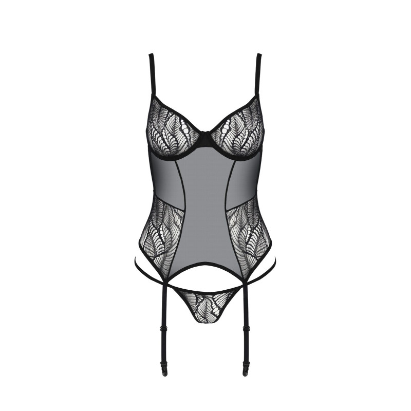 Корсет Passion LEAFA CORSET black S/M, м'які чашки, затискачі для панчіх, стрінги в комплекті Корсет Passion LEAFA CORSET black S/M, м'які чашки, затискачі для панчіх, стрінги в комплекті
