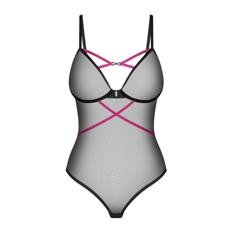 Боди Obsessive Novenes teddy, XL/2XL, прозрачное, чашки на косточках, декор в виде лент