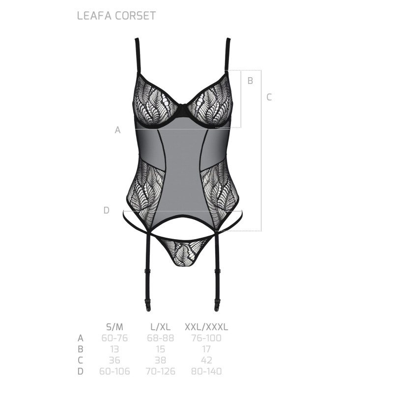 Корсет Passion LEAFA CORSET black S/M, м'які чашки, затискачі для панчіх, стрінги в комплекті Корсет Passion LEAFA CORSET black S/M, м'які чашки, затискачі для панчіх, стрінги в комплекті