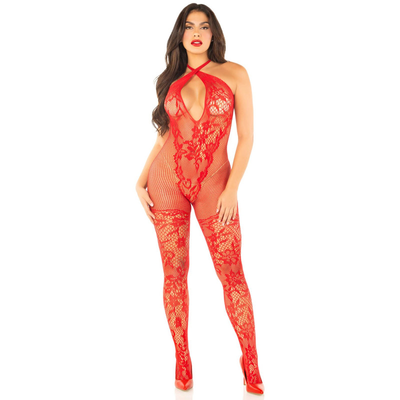 Бодістокінг Leg Avenue Seamless Net and Lace Lingerie Jumpsuit One Size, Red Бодістокінг Leg Avenue Seamless Net and Lace Lingerie Jumpsuit One Size, Red